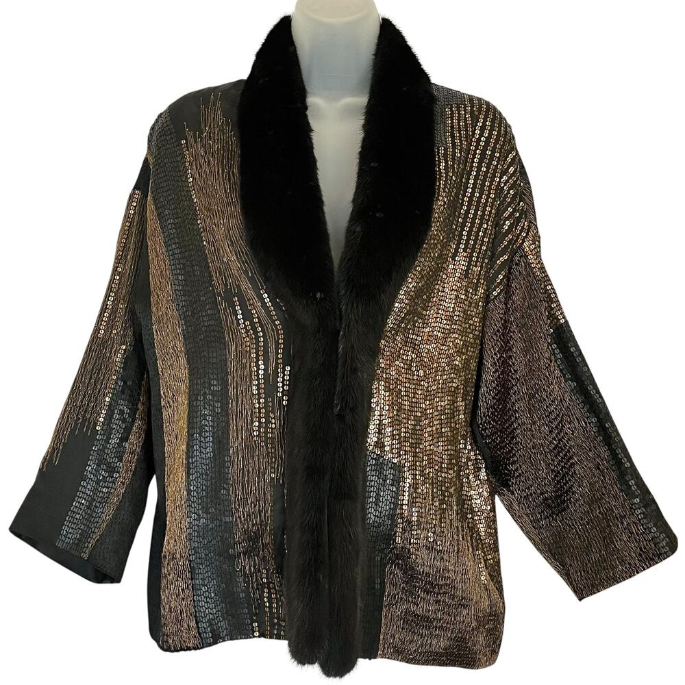 Etro Milano Vintage Runway Real Mink Fur Sequin Embroidered Silk Jacket Sz 46/L - Picture 2 of 16